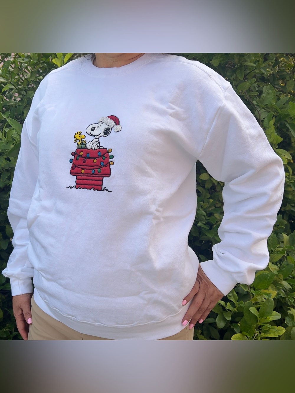 Hand Embroidered Snoopy Christmas sweatshirt | White Unisex Crewneck | Handmade - Picture 2 of 13